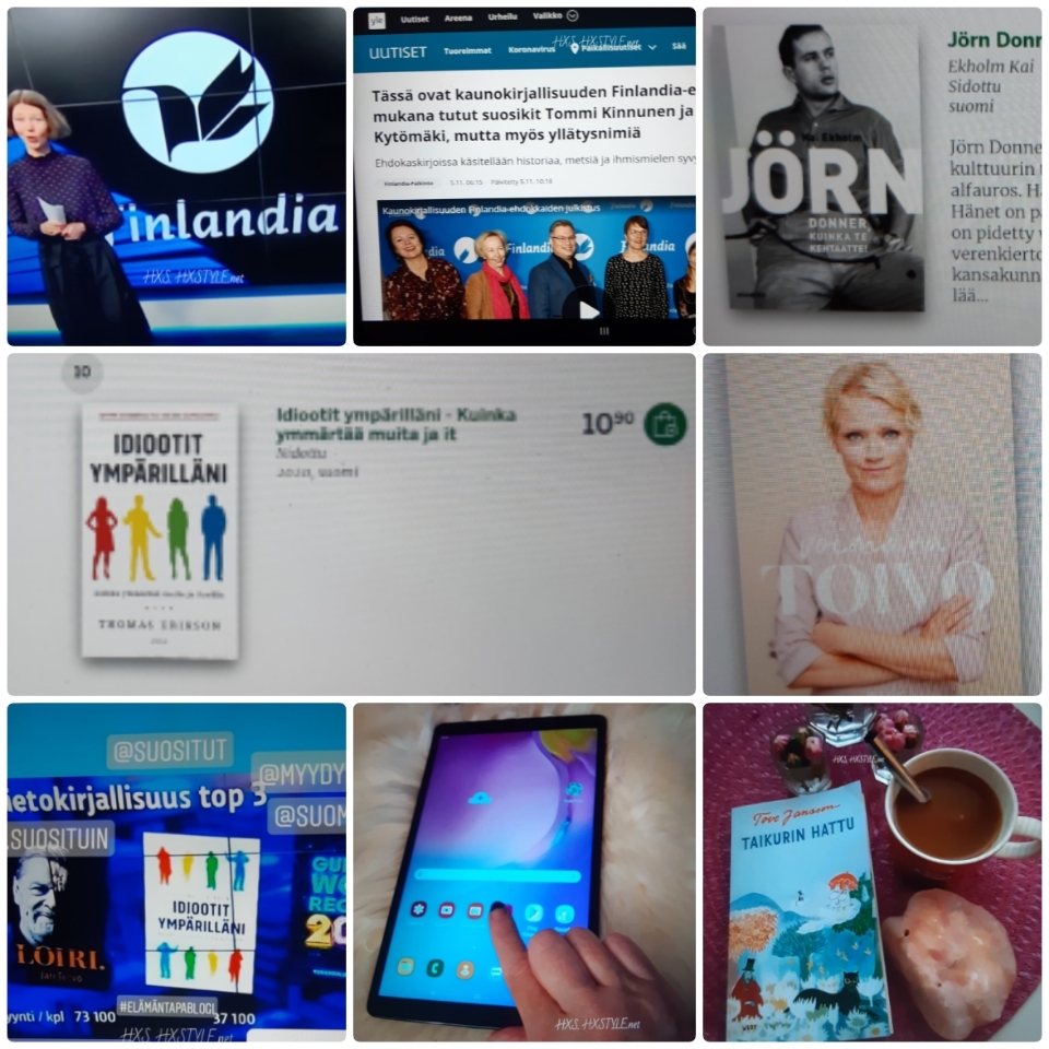 KULTTUURI. KIRJALLISUUS. KIRJAT. TOP10, Finlandia ehdokkaat…VOITTAJA 25.11. lisätään…AJANKOHTAISTA, UUTUUDET, Ideat&Vinkit… 9.11.2020. SUOSITTU 470..248+222 krt/Likes. Suosikit& amp;Kirja ARVOSTELUT… LIFESTYLE/Elämäntapablogi HXS.&nbsp;HXSTYLE.net