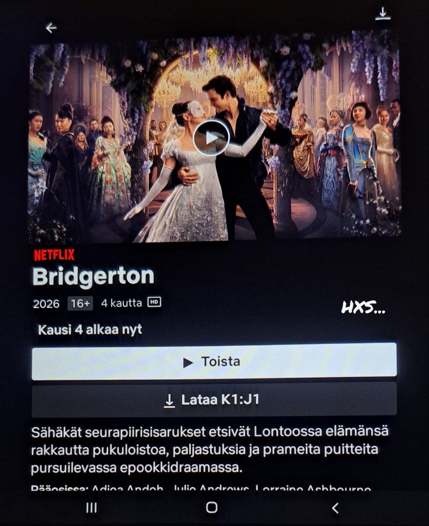 SCREENPLAYS…NETFLIX. NEWS 2026 TOP10 LISTS Series&Movies. MY FAVOURITES…One My Favourites… BRIDGETON Seasons 1 – 4, Last 4. Published 29. January 2026, Trailer earlier.              Not watching yet, My FAVOURITE2 …+61…46 Likes. 11.2.2026